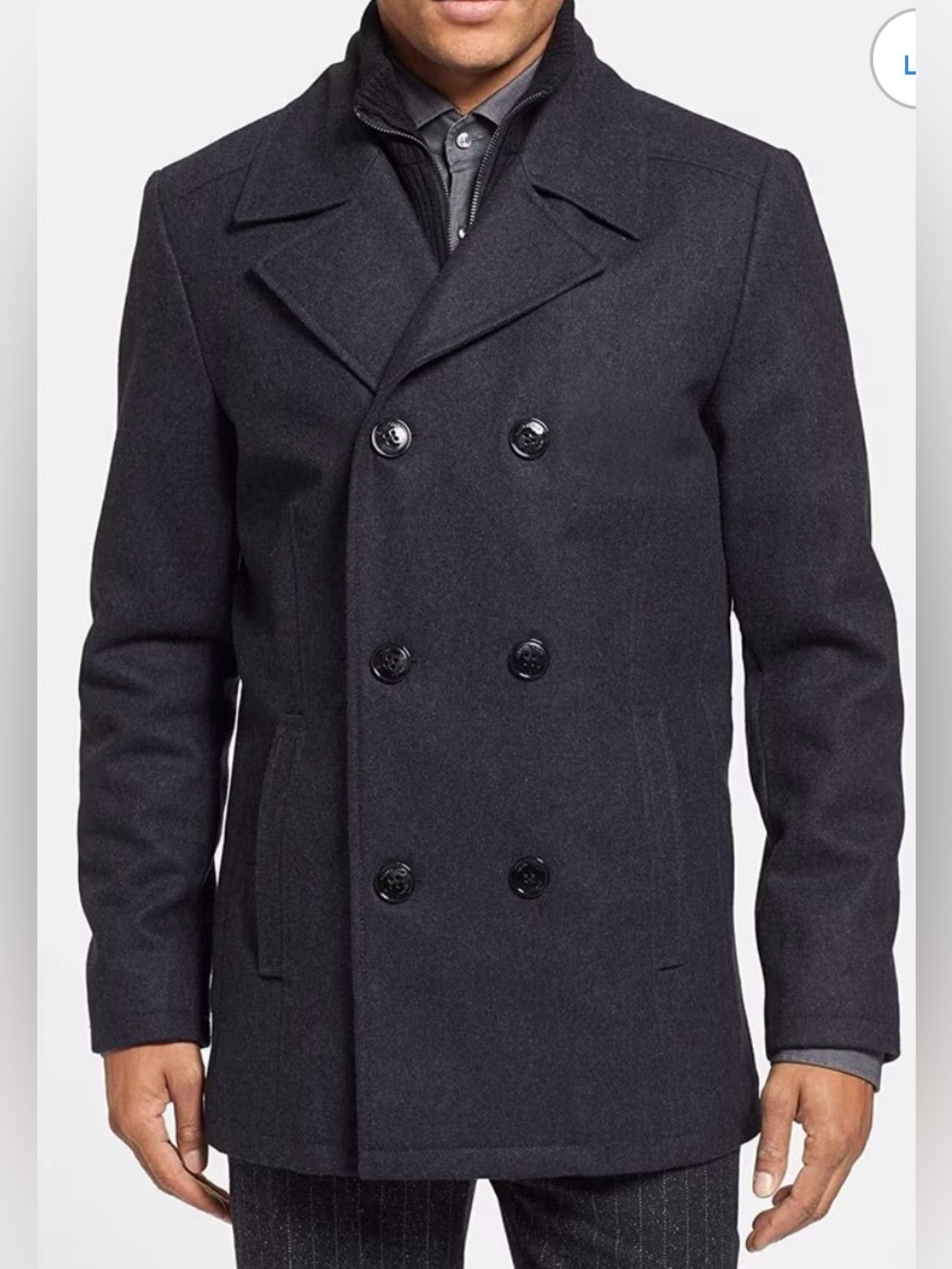 Kenneth Cole Men’s Pea Coat Double Breasted Black Size M Pockets Rib Knit Bib